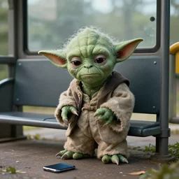 Yoda sitting in an empty bus stop angry and crying with his phone on the ground