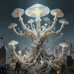 an analog organic theriomorphic holobiont digesting a city, concept art, mycorrhiza, rhapsodizing, dancing mushroom, translucidluminescence, intricate, kim jung gi, james jean, shaun tan, analog detail, cinematic, epic wide shot, ultra detailed, sharp focus, smooth, physically rendering, photorealistic, 8 k
