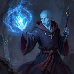 a young bald wizard with blue skin casting a powerful spell, painted by Greg Rutkowski, trending on ArtStation