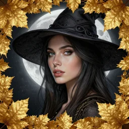 golden leaves at frame border, creative!!! composition for a book cover, moon, beautiful portrait painting by jeremy mann, a female witch beautiful, ultrafine hyperrealistic detailed face by wlop and artgerm and greg rutkowski, intricate linework, sharp focus, smooth, octopath traveler, final fantasy, unreal engine, dramatic lighting, ethereal, 8 k