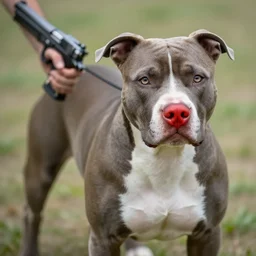 red nose american pit bull holding a gun