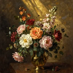 still life painting of a beautiful bouquet of flowers by pieter claesz, oil on canvas, strong lighting, highly detailed, hyper realism, golden hour, god rays, hd, 4 k