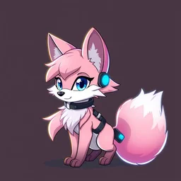 a cute cyberpunk anthropomorphic fox with pink fur and blue eyes and a fluffy tail, comic art, trending on furaffinity, cartoon, kawaii, backlighting, furry art!!!, cel shading, concept art, lineless