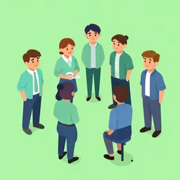 an isometric illustration of 1 0 smiling adults in a business setting wearing casual clothing, green and blue palette