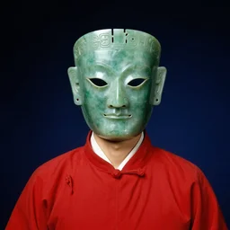 portrait of a man in ancient green jade mask and red mantle on deep black and blue background, rene margitte,