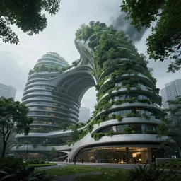an epic exterior view of a curvy biophilic design architecture, by koichi takada, urban green, dappled lighting, misty, ominous, jeremy mann, unreal engine 5, 8 k