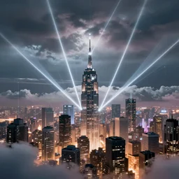 unreal engine 5 render of a city with lasers coming out of the clouds, digital art ”