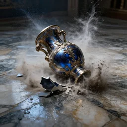 an ornate baroque vase breaking on the marble tile floor, exploding into dust, dark - blue light - blue gold silver white black beige, volumetric dust rays, intricate detail, ultra realistic, cinematic lighting, moody, wet, shiny