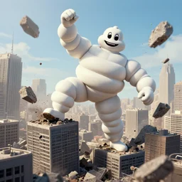 the michelin man crushing buildings beneath his feet, destroying a city, digital art, photorealistic