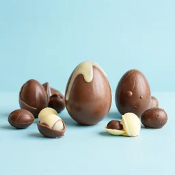 chocolate eggs of various colors sizes and styles arranged on a table, food photography, blue pastel background, studio lighting