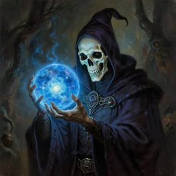 lunatic fantasy necromancer with a skull face holding a glowing blue orb natural lighting, path traced, highly detailed, high quality, digital painting, by don bluth and ross tran and studio ghibli and alphonse mucha, artgerm