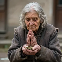 old woman with ragged clothes begging for money, realistic, 8 k, extremely detailed, cgi, trending on artstation, hyper - realistic render, 4 k hd wallpaper, premium prints available, by greg rutkowski