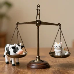 set of balance scales with weights, libra, weighing cow toy and cat toy