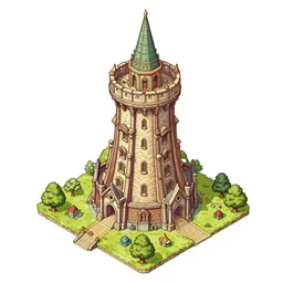 isometric view of wizard tower, colored lineart from resource gathering game