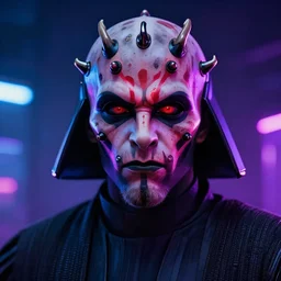 a portrait of the darth maul from star wars, neon, cyberpunk, short beard, high - contrast, intricate, elegant, highly detailed, digital painting, artstation, concept art, smooth, sharp focus, illustration