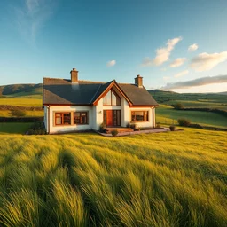 wide angle photograph of cozy upscale hygge scottish countryside house in rolling idyllic sunny dream - like fields