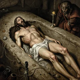 jesus rots bodily inside his tomb in graphic detail, crime scene photography, d & d, fantasy, intricate, artstation, matte, sharp focus, illustration, zdzisław beksinski, gustave dore, caravaggio, abduzeedo