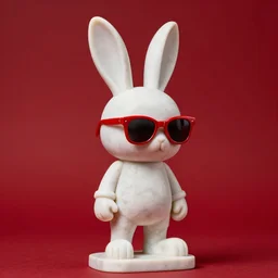 rabbit groot as marble statue, red sunglasses, in red background