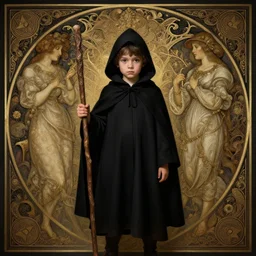 perfectly - centered - portrait of a kid wearing black cloak holding stick, intricate, highly detailed, digital painting, artstation, concept art, smooth, sharp focus, illustration, unreal engine 5, 8 k, art by artgerm and greg rutkowski and alphonse mucha