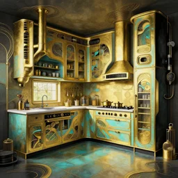 a photo of a concept architecture art house solarpunk kitchen, style brutalism, gold and black turquoise ratio, extremely detailed, sharp focus, wide view, smooth, digital illustration, colorfull, by alphonse mucha
