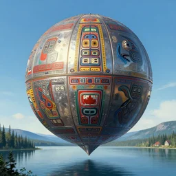 a giant ((((metallic)))) floating sphere covered in canadian colorful aboriginal patterns!! hovering above a Yukon lake, (painted by Ralph McQuarrie), matte painting, very detailed, 7000 K, concept art