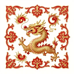 red and gold ornamental filigree swirls, chinese dragon