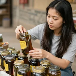 young woman selling snake oil, putting snakes into jars, multiple jars of poisonous snake oil