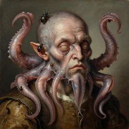 infested fleshy monster friendly male ugly disgusting renaissance with bugs and squid arms on face portrait painting