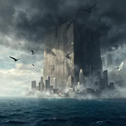 people FLYING ON BIRDS, over the ocean, towards a GIGANTIC wall, protecting the city from black mist, cinematic, greg rutkowski, detailed, intricate
