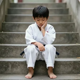 stock image of sad asian kid wearing karate gi on stairs