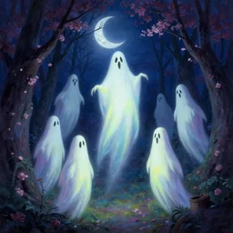 ghosts monsters. tall tall dancing ghouls at midnight in the kinkade blossom forest. at night. crescent moon night sky. thomas kinkade. digital painting. marc simonetti. dancing ghost ghoul. michael whelan. mysterious rainbow glow. greg rutkowski. scary. creepy. artstation.