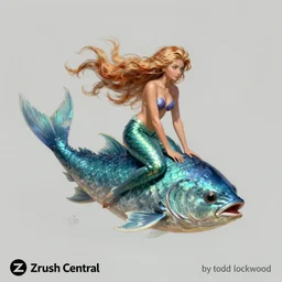 a painting of a mermaid riding a fish, concept art by todd lockwood, featured on zbrush central, fantasy art, behance hd, concept art, artstation hd