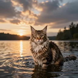amazing landscape photo of a maine coon bathing in a lake in sunset by marc adamus, beautiful dramatic lighting