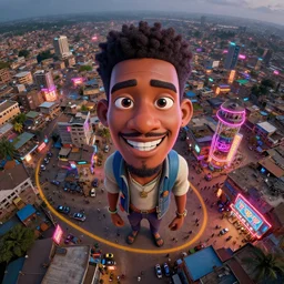3 d vfx - caricature - art of a bustling - neon lit - ajegunle slum in nigeria, unreal engine render, digital illustration, illustration style by mike winkelmann, sharp, intricate detail, volumetric light, ray tracing, soft light, colourful, surreal environment, drone view, fish eye lens, cinestill 8 0 0 t photograph,