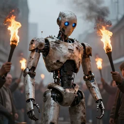 broken oily dirty robot decaying surrounded by torch protestors trending in artstation 4 k 8 k hd high detail smooth
