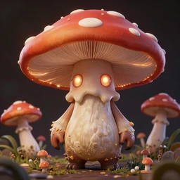 a humanoid figure mushroom monster with large glowing eyes, highly detailed, digital art, sharp focus, trending on art station, fungus spores, anime art style