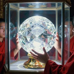 closeup of worshippers in red robes holding a very complex gigantic reflective glowing glass crystal tesseract orb violently illuminating a small glass room with glass windows, very bright white light, small room!!!!!!!!!, glass room, glass, enlightening!, closeup!!!!!!!!!, very harsh lighting!!!!, high detailed beksinski painting, part by adrian ghenie and gerhard richter. masterpiece, bright white