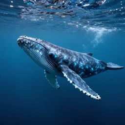 a huge whale with bioluminescent skin is swimming in the ocean, underwater, epic, cinematic shot, volumetric light, atmosphere, high definition