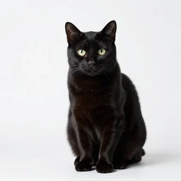 photograph of a black cat sitting in a white studio