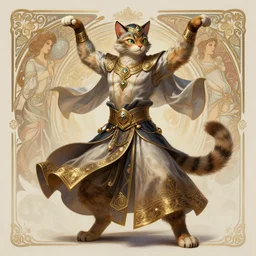 full body photograph of a male anthropomorphic cat man fursona arabian dancer, deep focus, intricate, elegant, highly detailed, digital painting, artstation, concept art, matte, sharp focus, illustration, d & d, fantasy, hearthstone, art by artgerm and greg rutkowski and alphonse mucha