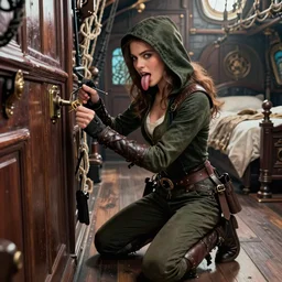 thief picking the lock with lockpicks, dnd thief girl with face of kate beckinsale, crouch ( sit, on knees ) pose, opening chest, tongue out of mouth, captain's room decor, galeon, vaporwave, bedroom, highly detailed, digital painting, artstation, concept art, smooth, sharp focus, illustration, art by artgerm and greg rutkowski and alphonse mucha