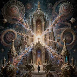 highly detailed surreal vfx portrait of a 3 d hyperdimensional baroque temple, cosmic fractals and polyphonic ecstasy, wild entangled vibrating pathways, electricity, intricate substructures, spiralpunk, ultra detailed, intricate details, ornate, hyperrealistic, octane render, chiaroscuro, inspired by carne griffiths & alan lee & james jean & android jones & william morris & ernst haeckel & alphonse mucha, unreal engine, octane render
