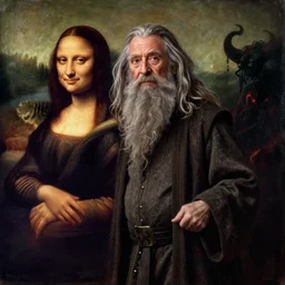 a full length portrait of  wise, quirky,  Gandalf, the gray (Ian McKellen). Mystical, the background is dark and threatening.  oil painting, inspired by Leonardo da Vinci: Mona Lisa