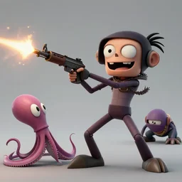 Youtube Thumbnail, highly detailed, Gorillaz, Murdoc is being attacked by a squid, Noodle is firing an assault rifle, 2-D is cowering in the background