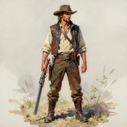 a oil / watercolor painting full body character portrait of a sixgun salvager in the style of moebius in the style of leonard boyarsky trending on artstation deviantart pinterest detailed realistic hd 8 k high resolution