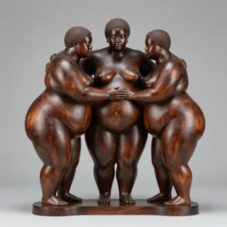 ebony wood sculpture of three fat androgynous black people caressing