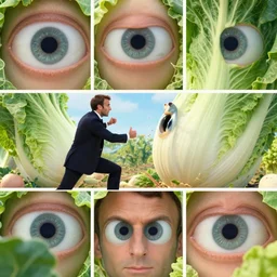A photo of Macron fighting against geant vegetables, movie, final shots, 4k, fisches eyes, scene of chaos.