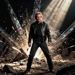 Jack Nicholson plays Terminator, action scene where he destroys Skynet, still from the film