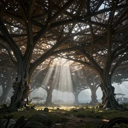 futuristic branching and woven canopy structure stretching out across the countryside, beautiful dynamic lighting, cinematic, wide angle establishing shot, extremely high detail, photo realistic, cinematic lighting, post processed, concept art, artstation, matte painting, style by eddie mendoza, raphael lacoste, alex ross, volumetric lighting, light rays, photorealistic, ultrarealistic, moody, coronarender, 8k