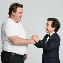 fat ben stiller shaking hands with a midget.